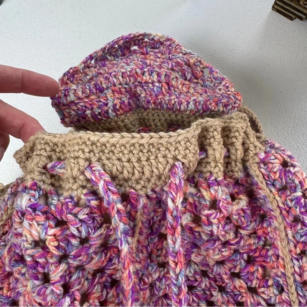 Boho Handmade Crochet Granny Square Drawstring Backpack‎ Bag Purse Pink Tan